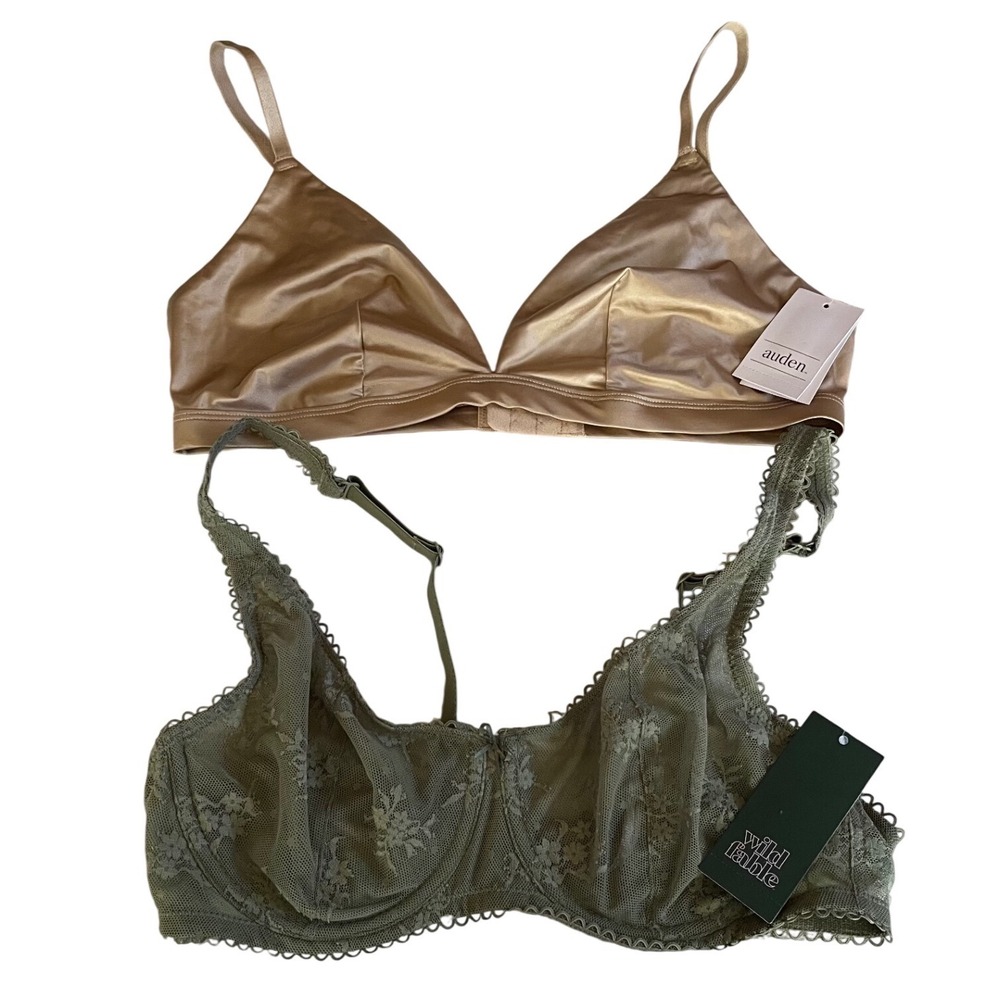 Auden Gold Satin Bralette & Wild Fable Olive Green Lace Bra Bundle Sz M 38B NWT
